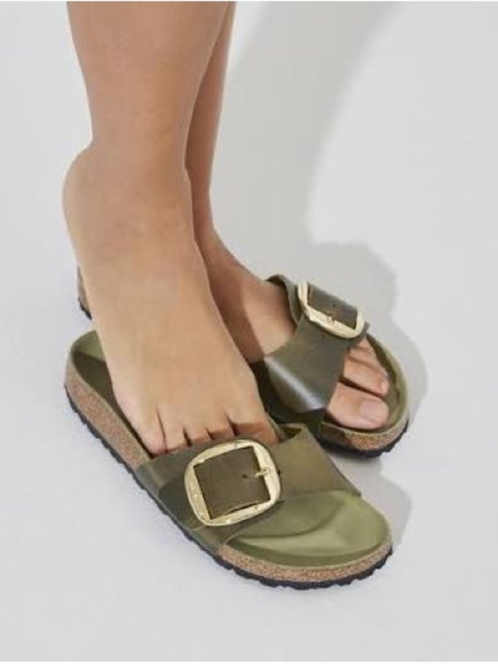 Birkenstock Madrid Olive Single-Band Slide Sandals with Gold Buckle size 9